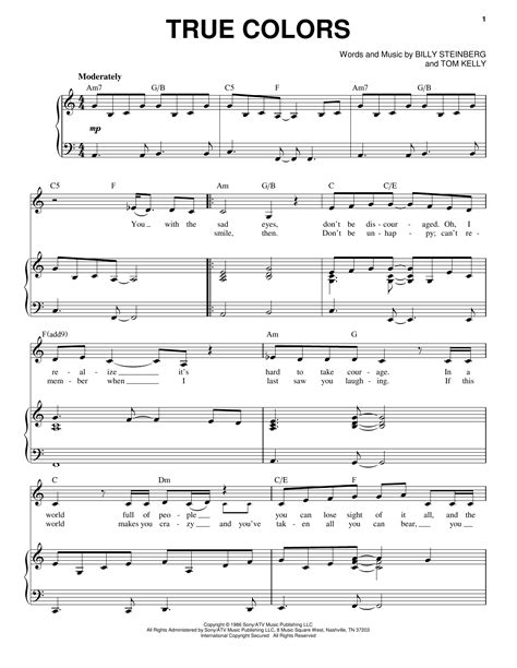 True Colors Piano Sheet Music Notes Chords By Cyndi Lauper Guitar