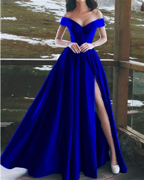 Light blue wedding dress or dark blue? Elegant V-neck Off The Shoulder Long Satin Prom Dresses ...