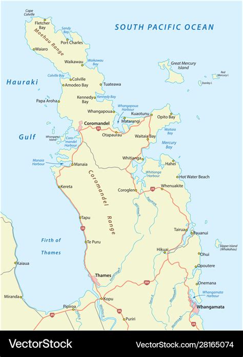 Road Map Coromandel Peninsula New Zealand Vector Image