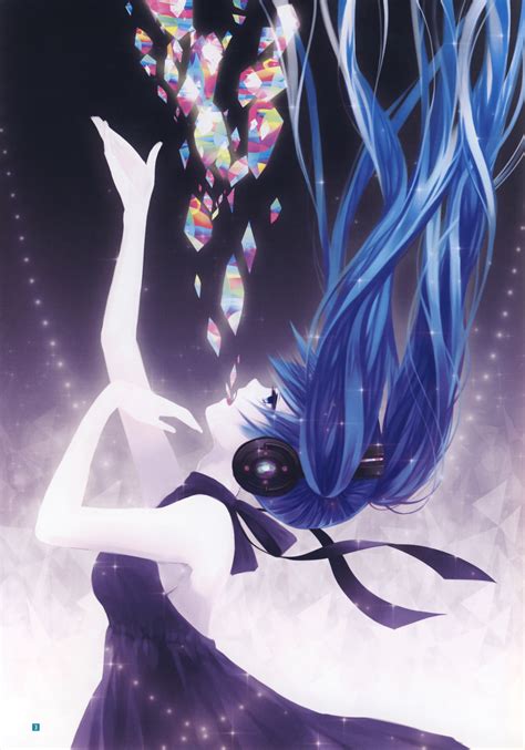 Anime Girl Blue Eyes Blue Hair Dress Headphones Long Hair Ribbon Sad
