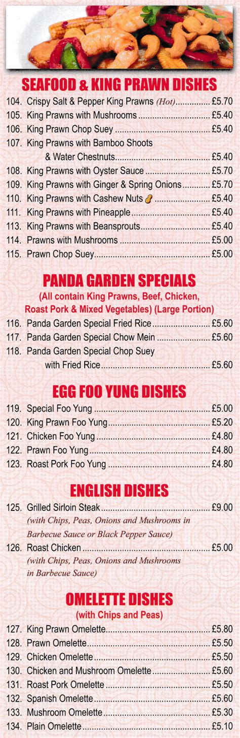 Use this menu information as a guideline, but please be aware that over time, prices and menu items may change without being reported to our site. Menu for Panda Garden Cantonese takeaway in Bilborough, Nottingham