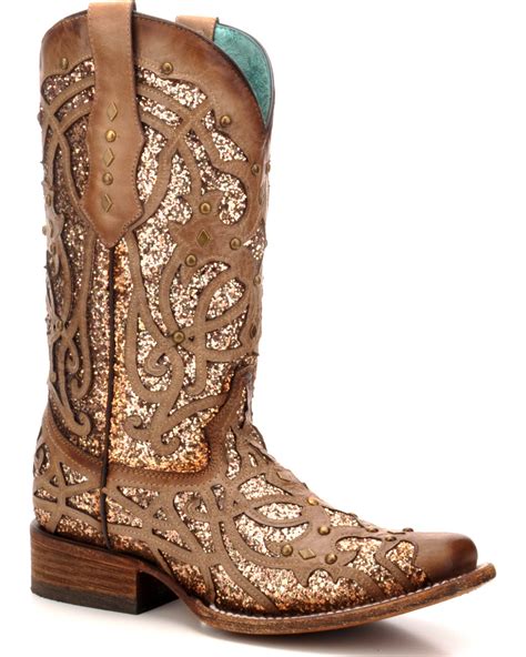 Corral Womens Orix Glitter Inlay And Studded Cowgirl Boots Square Toe