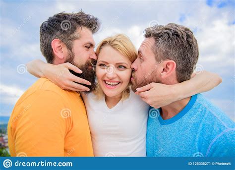 lady enjoy romantic relations both admirers she likes male attention love triangle stock image