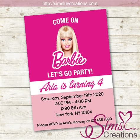 Barbie Birthday Printable Invitation Party Invitation Sims Luv Creations