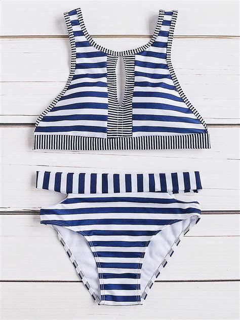 shop striped print front keyhole bikini set online shein offers striped print front keyhole