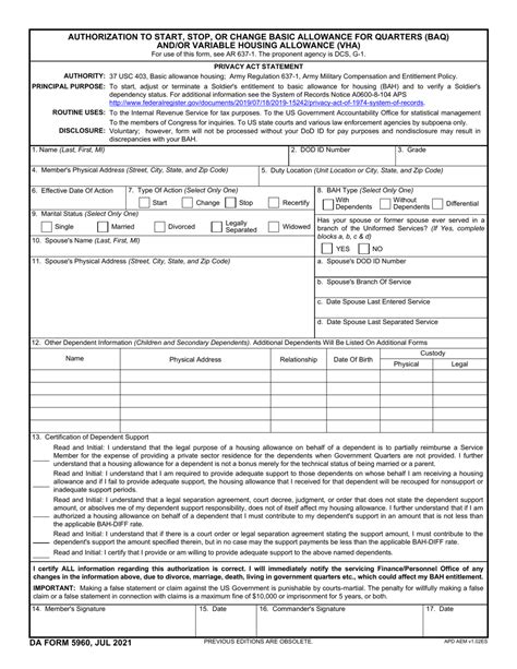 Da Form 5960 Download Fillable Pdf Or Fill Online Authorization To
