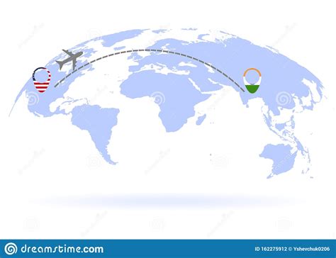 Flight From Usa To India Above World Map Airplane Arrives To India