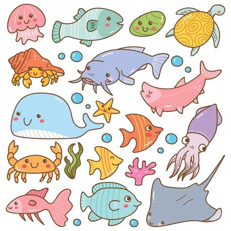 Premium Vector Set Of Sea Animal Kawaii Doodles