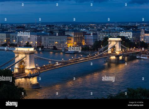 Evening View Of The Szechenyi Chain Bridge Over The River Danube In The