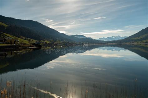 Beautiful Alpine Scenery At The Lake Aegerisee In Switzerland Stock