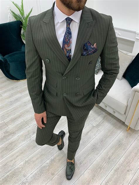 Buy Green Slim Fit Double Breasted Pinstripe Suit By