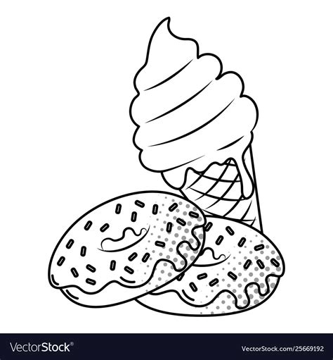 Sticker of a cartoon ice cream cone. Donuts with ice cream black and white Royalty Free Vector