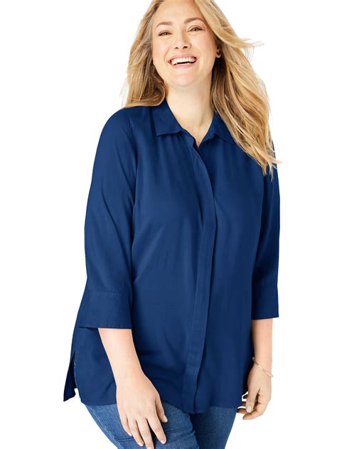 Woman Within Woman Within Navy Elbow Sleeve A Line Blouse Plus