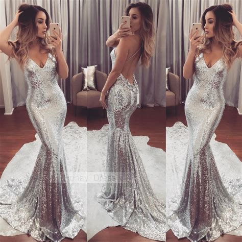 Honey Dress — Sexy Silver Sparkly Sequins V Neckline Prom