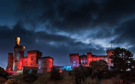 Wallpaper Id 162670 Castle Night Clouds Red Lights Tower Sky