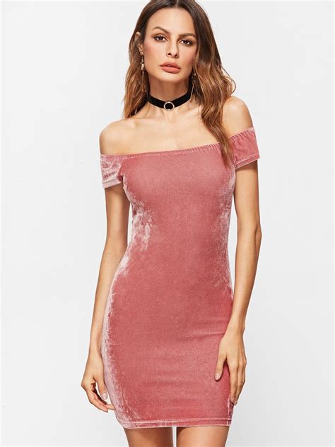 Pink Off The Shoulder Velvet Bodycon Dress Emmacloth Women Fast Fashion Online