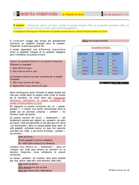 Pretérito Indefinido Le Passé Simple Ficha De Español N 17 Loisirs