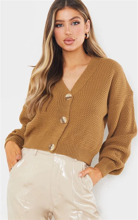 Camel Chunky Knit Button Down Cropped Cardigan Prettylittlething