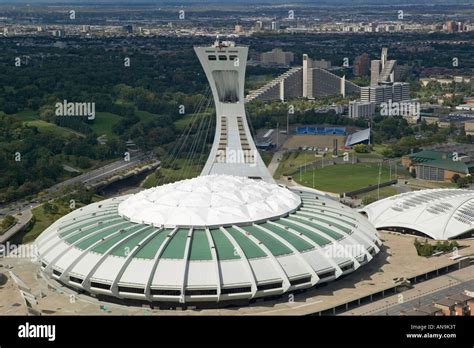 Aerial View Above Olympic Stadium Montreal Quebec Canada Stock Photo