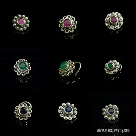 Pure Silver Nose Pins With Precious Stones ~ South India Jewels