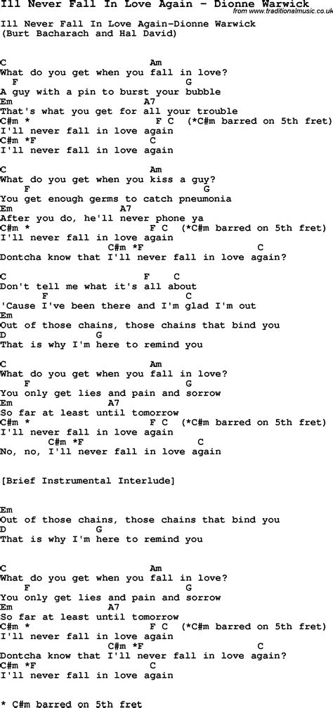 Song Ill Never Fall In Love Again by Dionne Warwick, song lyric for