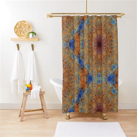 Intricate Boho Blue And Rust Lacy Kaleidoscope Mosaic Shower Curtain By
