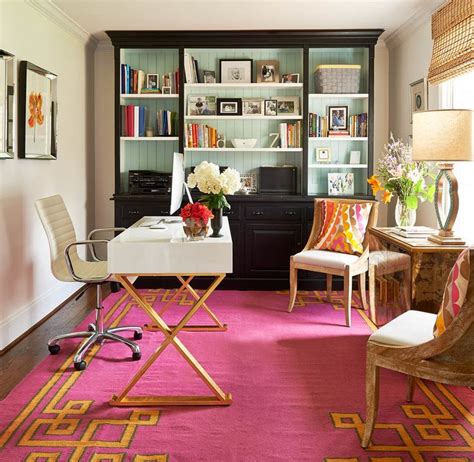 Home Office Pink Rug White And Gold Desk Wood Chairs