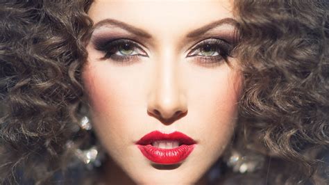 Portrait Curly Hair Women Model Makeup Face Red Lipstick Hd