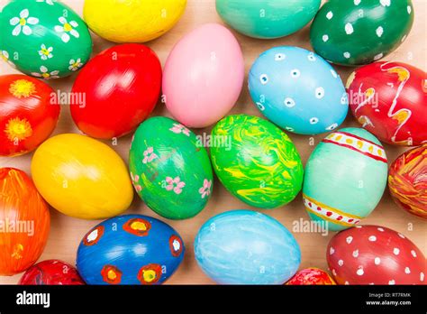 Easter Background With Handmade Colored Eggs Top View Festive