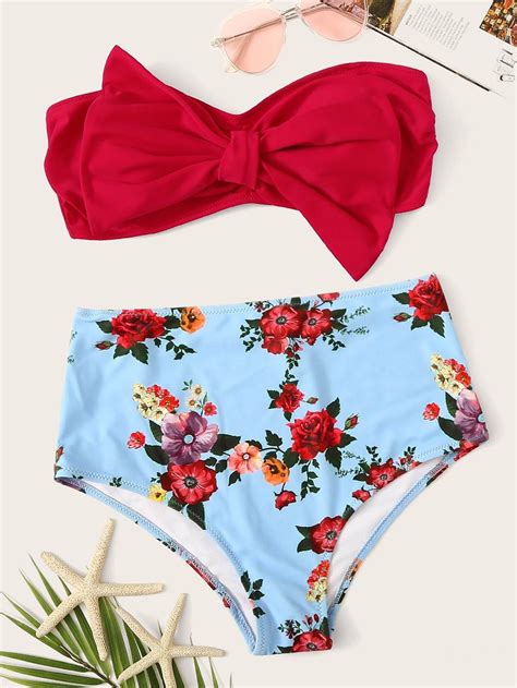 Bow Bandeau With Random Floral High Waist Bikini Floral Bikini Set