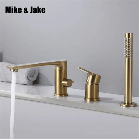 Gold Brush Bathtub Faucet Mixer With Hand Shower Double Function Bathtub Faucet Set Deck Mounted