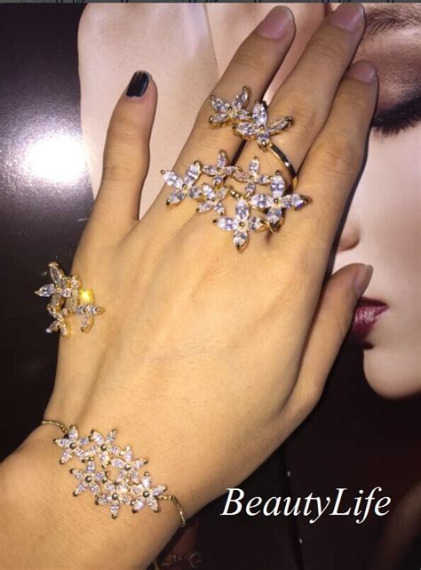 Fashion Cz Zircon Jewelry Sets Flower Hand Palm Bangle Ring Chain