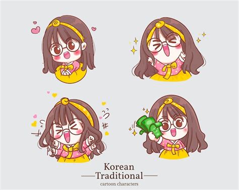 premium vector korean cute girls in traditional korean hanbok dress cartoons set illustration