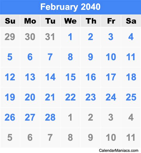 February 2040 Calendar