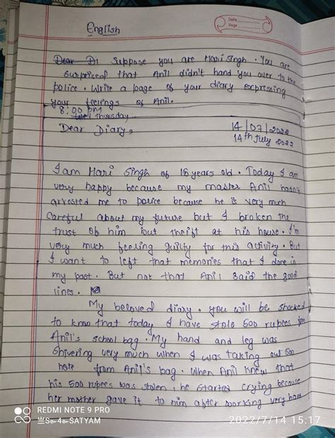 Imagine you are Hari Singh write a diary entry describing how you felt