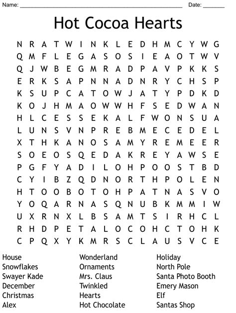 Hot Cocoa Hearts Word Search Wordmint
