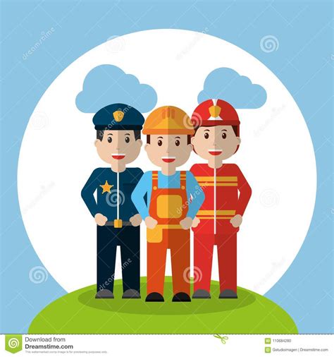 Policeman Fireman And Doctor In Their Uniform Cartoon Vector