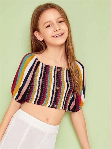 Girls Buttoned Front Shirred Colorful Striped Top In 2020 Girls