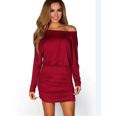 solid sheath bodycon dress for women one shoulder slash neck mini robes long batwing sleeves