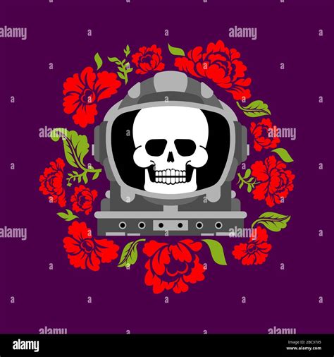 Skull In Astronaut Helmet And Flowers Death In Spacesuit And Roses