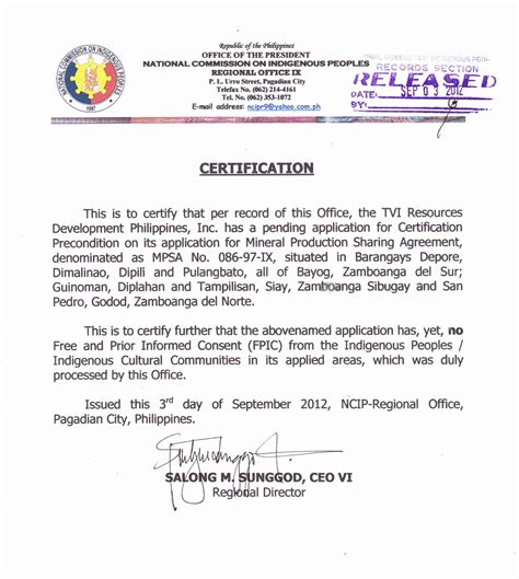Certification , agrément and nsai inc. MINDANAO PAGADIAN FRONTLINE: Petition sa mga Subanen ...