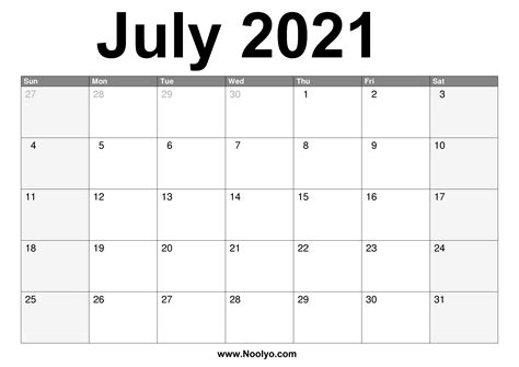 Printable Monthly Calendar July 2021 Calendar 2021