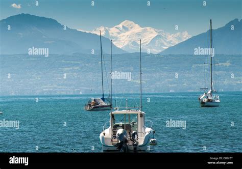View Of The Mont Blanc Massif Across Lake Geneva From Morges Stock