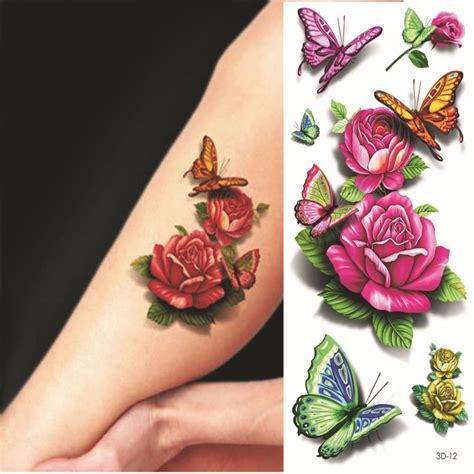 3d Butterfly Rose Tattoo Flower Fake Temporary Fantasy Waterproof Tattoos Stickers Women 3d