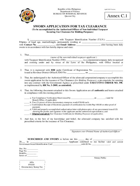 Sworn Application For Tax Clearance 2018 2024 Form Fill Out And Sign