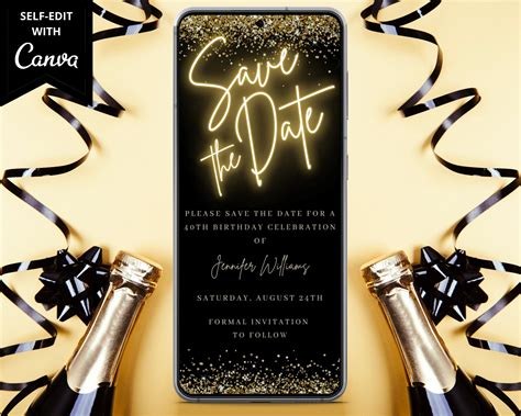 Digital Black Gold Neon Save The Date Invitation Electronic Etsy UK