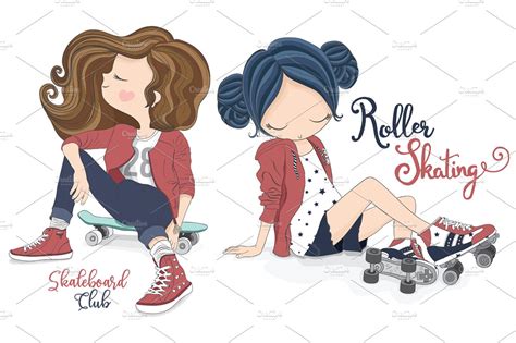 Cute Girls Roller Skating Vector Healthcare Illustrations ~ Creative