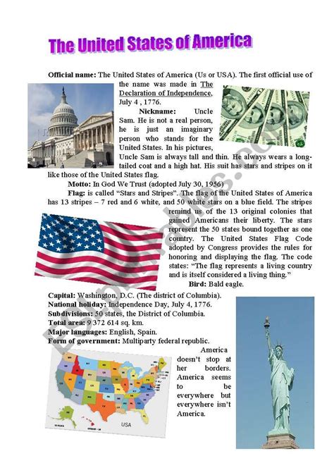 The United States Of America Esl Worksheet By Oljandrija