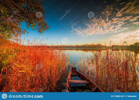 Beautiful Scenic Lake Landscape With Boat Stock Image Image Of Scenic