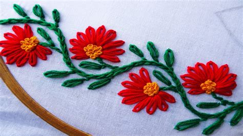Hand Embroidery Flower Border Design Lazy Daisy Stitch Youtube